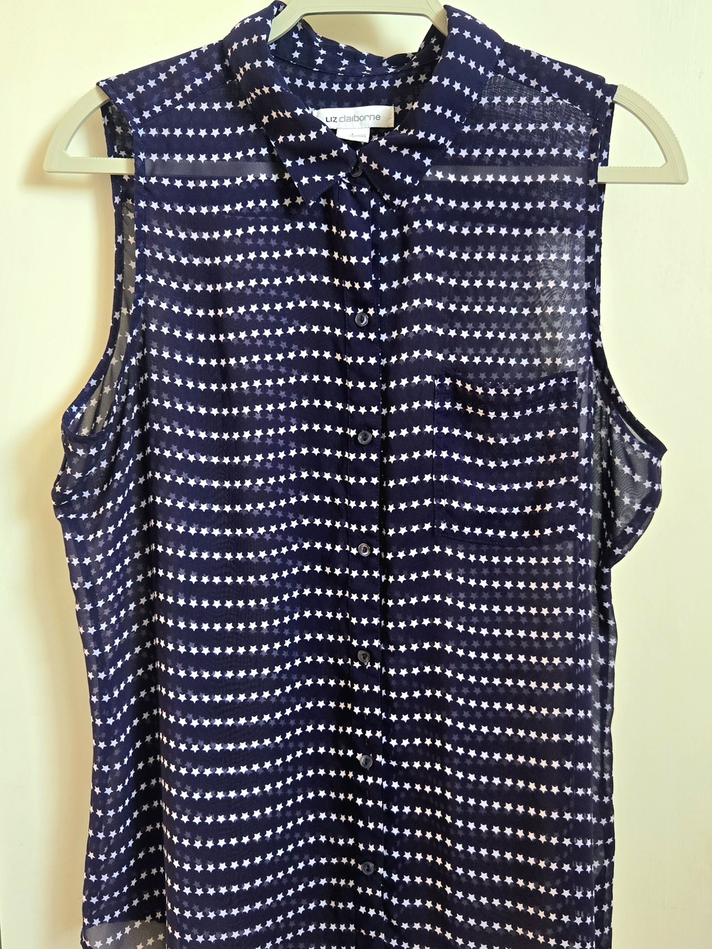 Liz Claiborne Navy and White Star-Print Sleeveless Button-Down Shirt